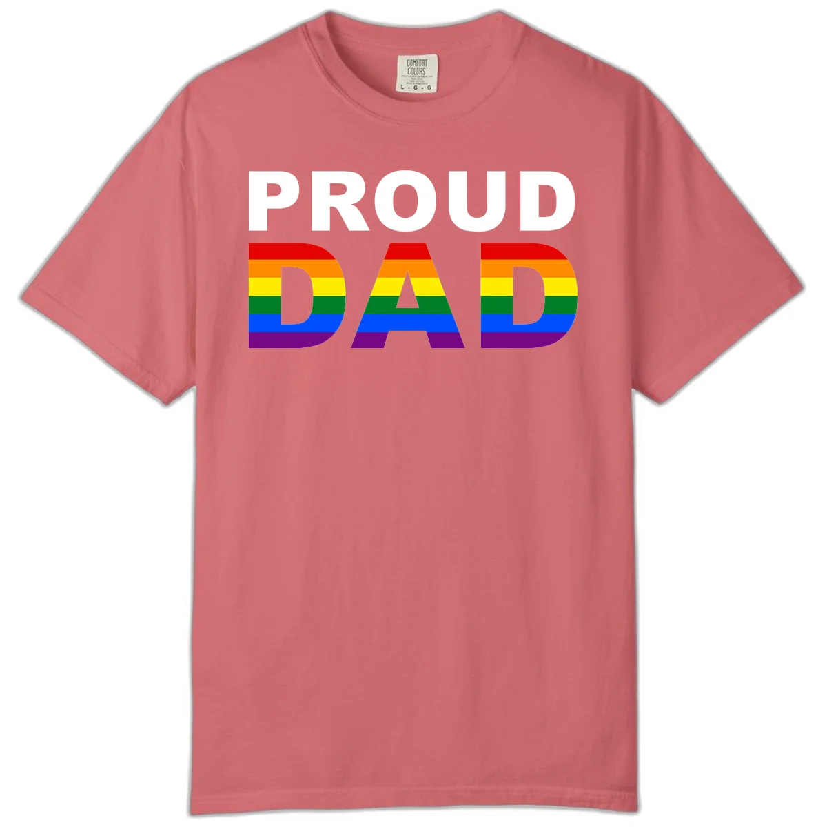 Proud Dad text with rainbow pride flag stripes in red, orange, yellow, green, blue, and purple colors in Watermelon