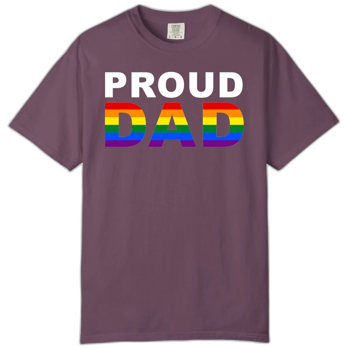 Proud Dad text with rainbow pride flag stripes in red, orange, yellow, green, blue, and purple colors in Berry