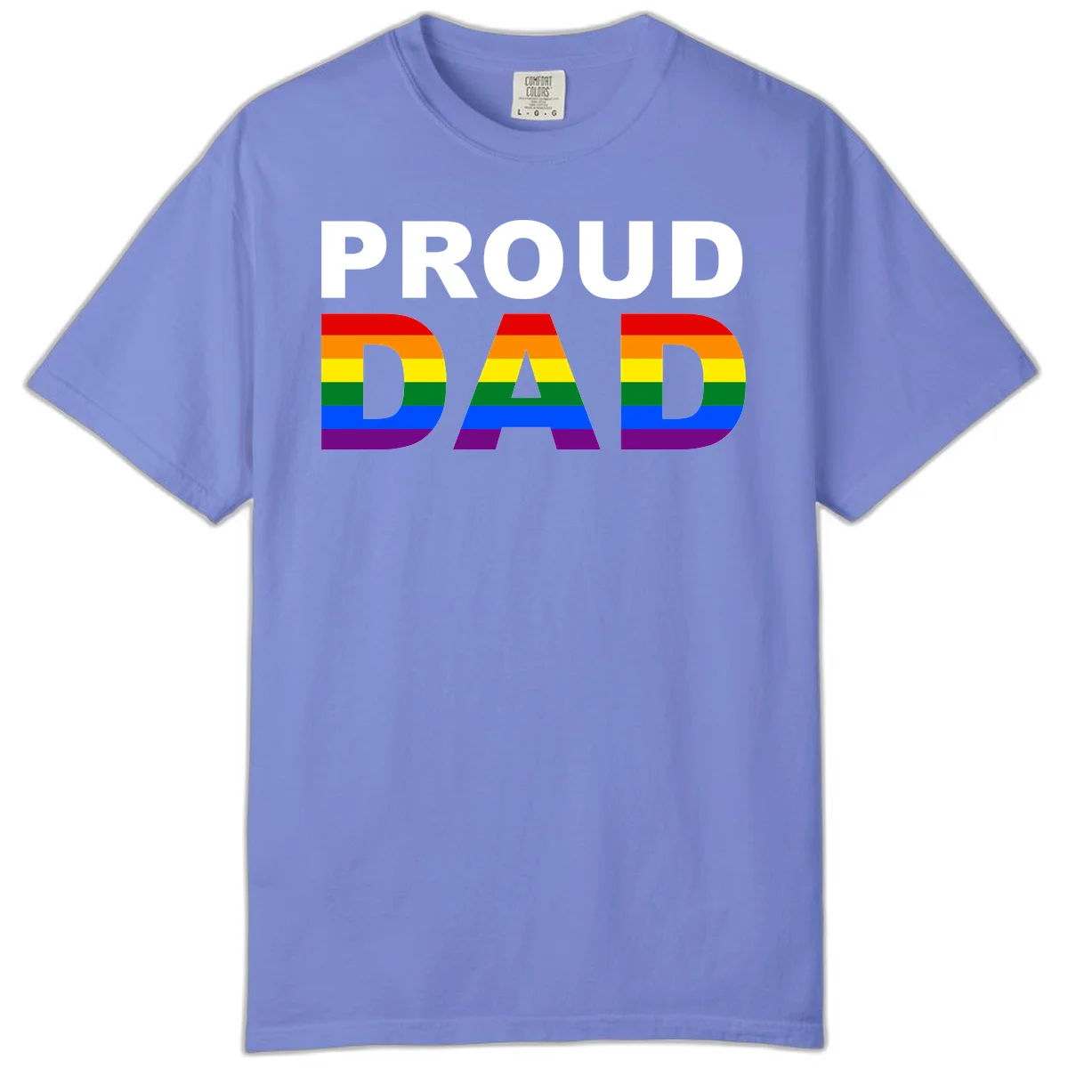 Proud Dad text with rainbow pride flag stripes in red, orange, yellow, green, blue, and purple colors in Flo Blue