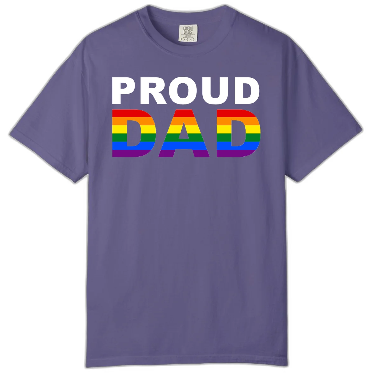 Proud Dad text with rainbow pride flag stripes in red, orange, yellow, green, blue, and purple colors in Grape