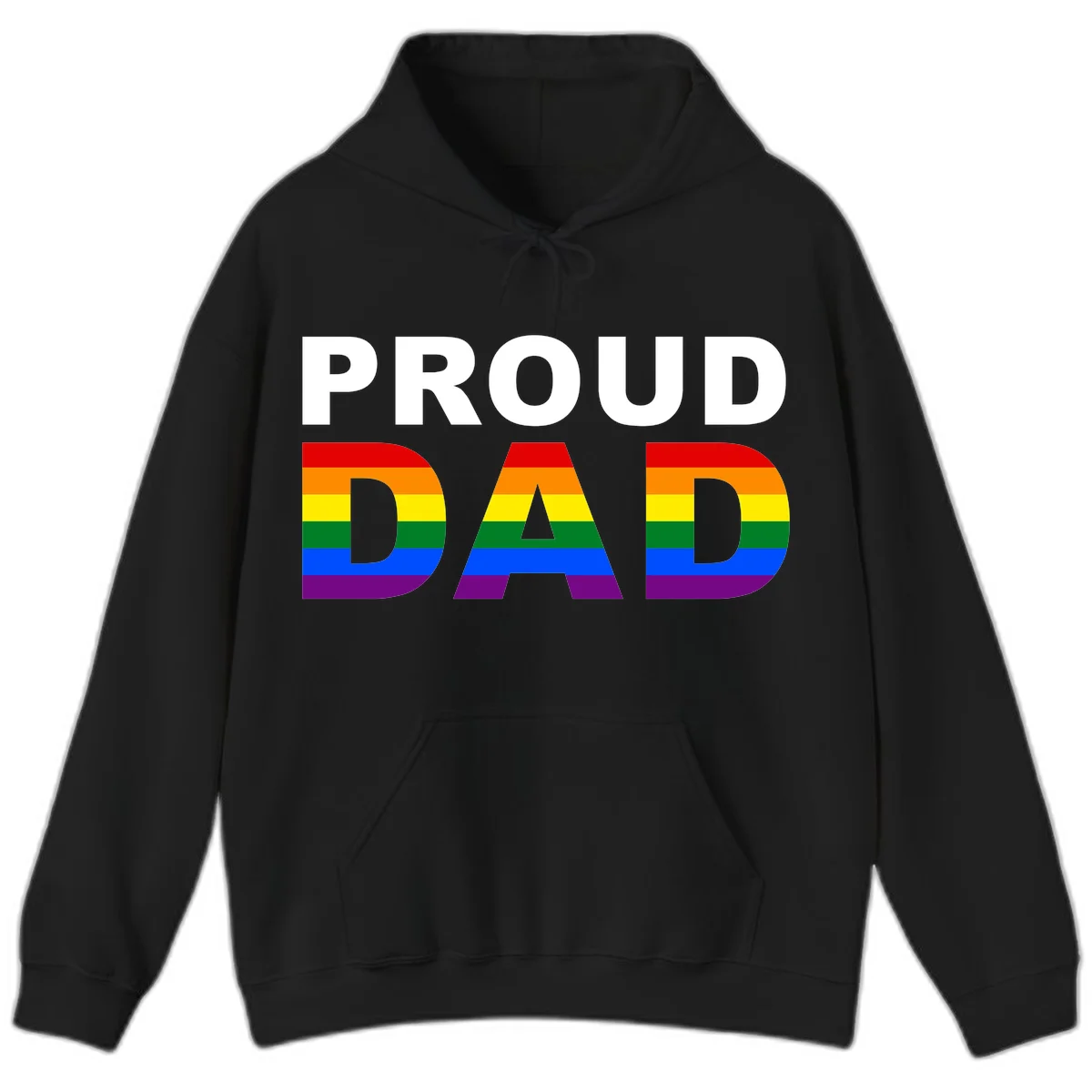 Proud Dad text with rainbow pride flag stripes in red, orange, yellow, green, blue, and purple colors in Black