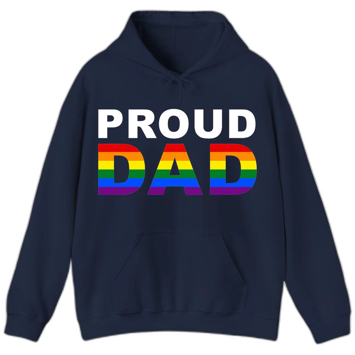 Proud Dad text with rainbow pride flag stripes in red, orange, yellow, green, blue, and purple colors in Navy