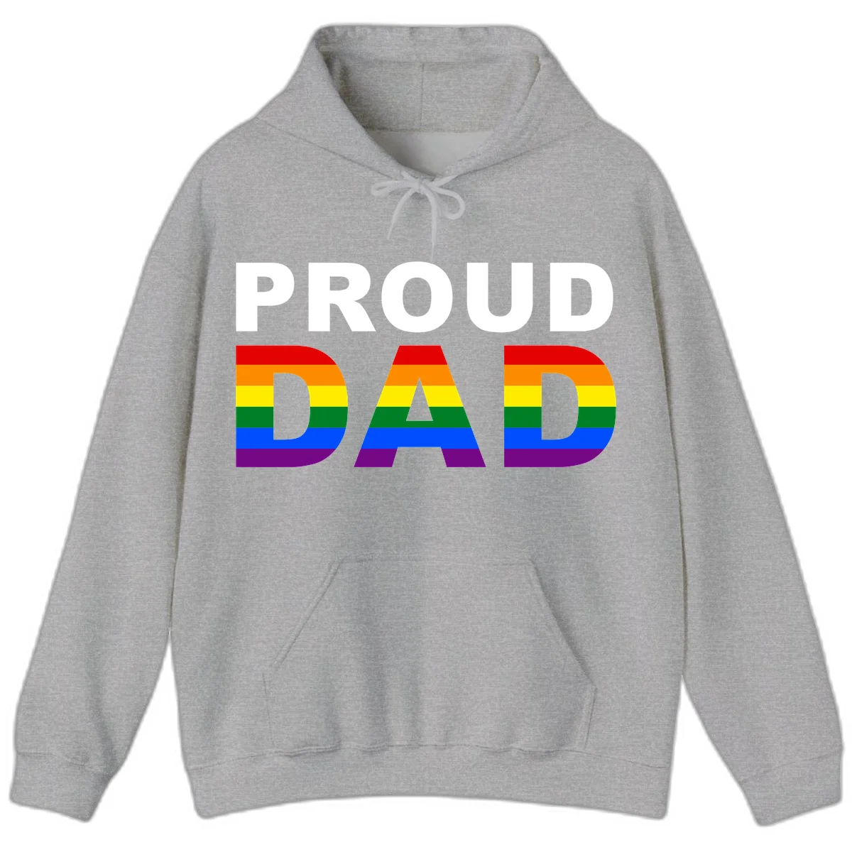 Proud Dad text with rainbow pride flag stripes in red, orange, yellow, green, blue, and purple colors in Sport Grey