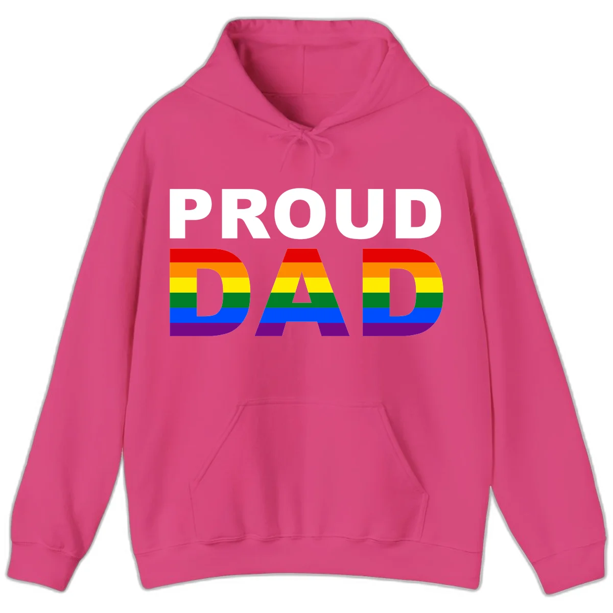 Proud Dad text with rainbow pride flag stripes in red, orange, yellow, green, blue, and purple colors in Heliconia