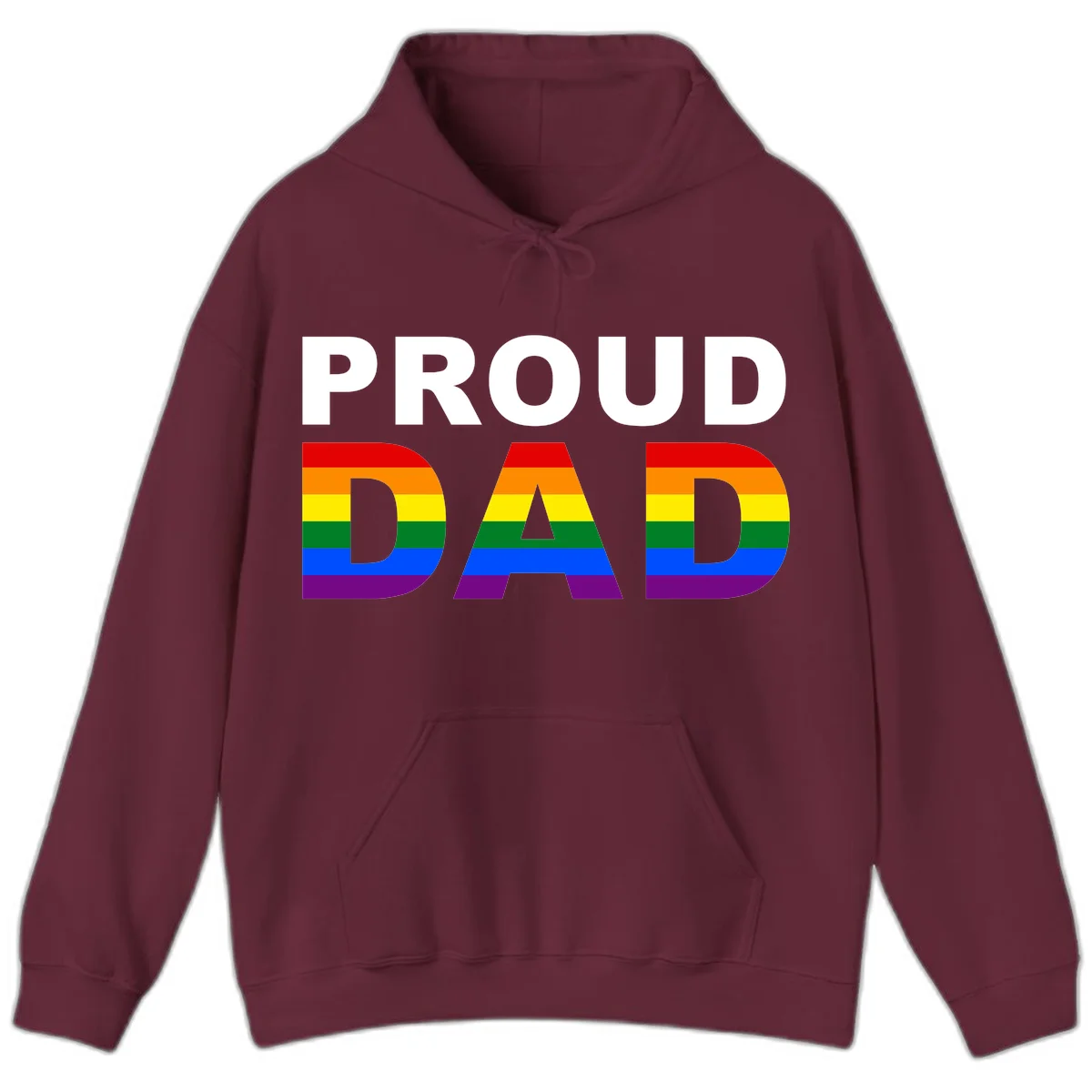 Proud Dad text with rainbow pride flag stripes in red, orange, yellow, green, blue, and purple colors in Maroon