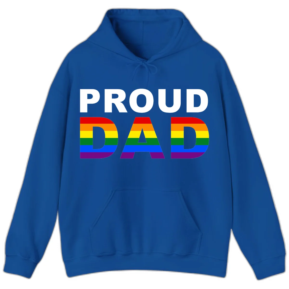 Proud Dad text with rainbow pride flag stripes in red, orange, yellow, green, blue, and purple colors in Royal