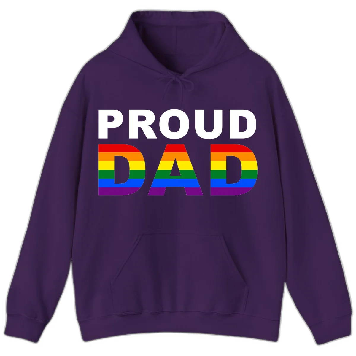 Proud Dad text with rainbow pride flag stripes in red, orange, yellow, green, blue, and purple colors in Purple