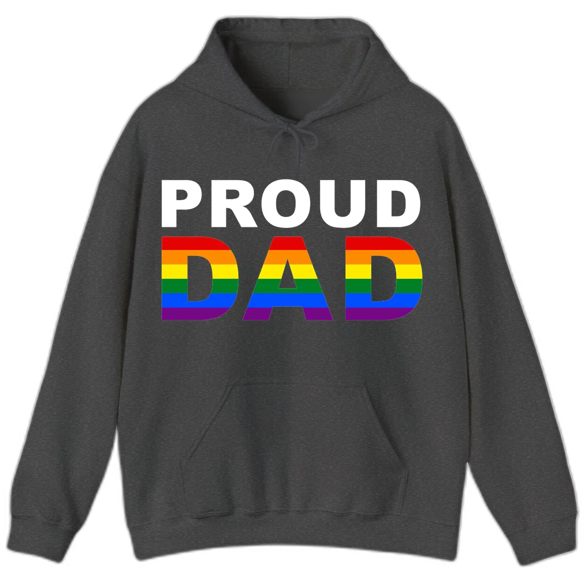 Proud Dad text with rainbow pride flag stripes in red, orange, yellow, green, blue, and purple colors in Dark Heather