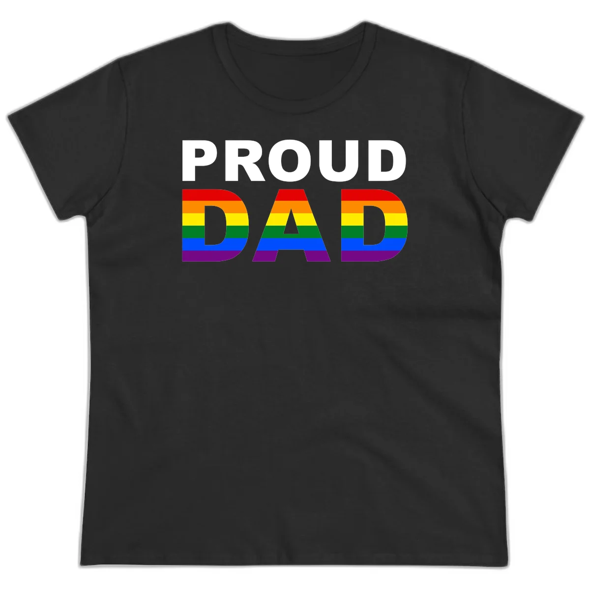 Proud Dad text with rainbow pride flag stripes in red, orange, yellow, green, blue, and purple colors in Black