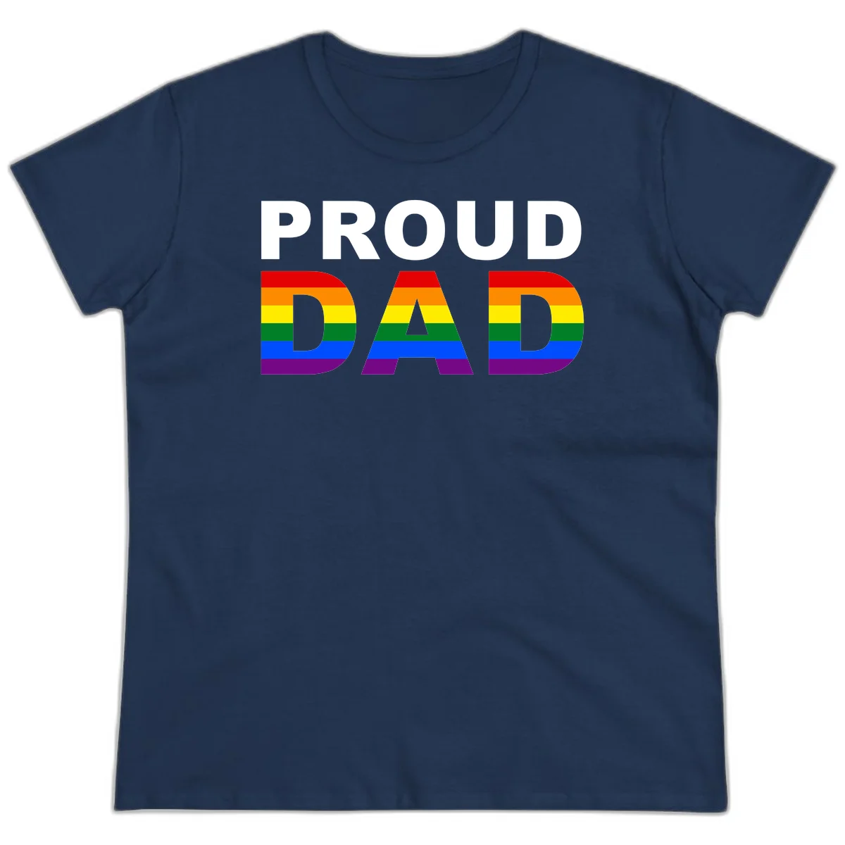 Proud Dad text with rainbow pride flag stripes in red, orange, yellow, green, blue, and purple colors in Navy