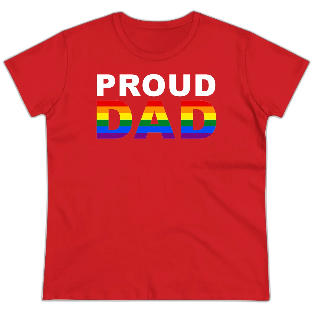 Proud Dad text with rainbow pride flag stripes in red, orange, yellow, green, blue, and purple colors in Red
