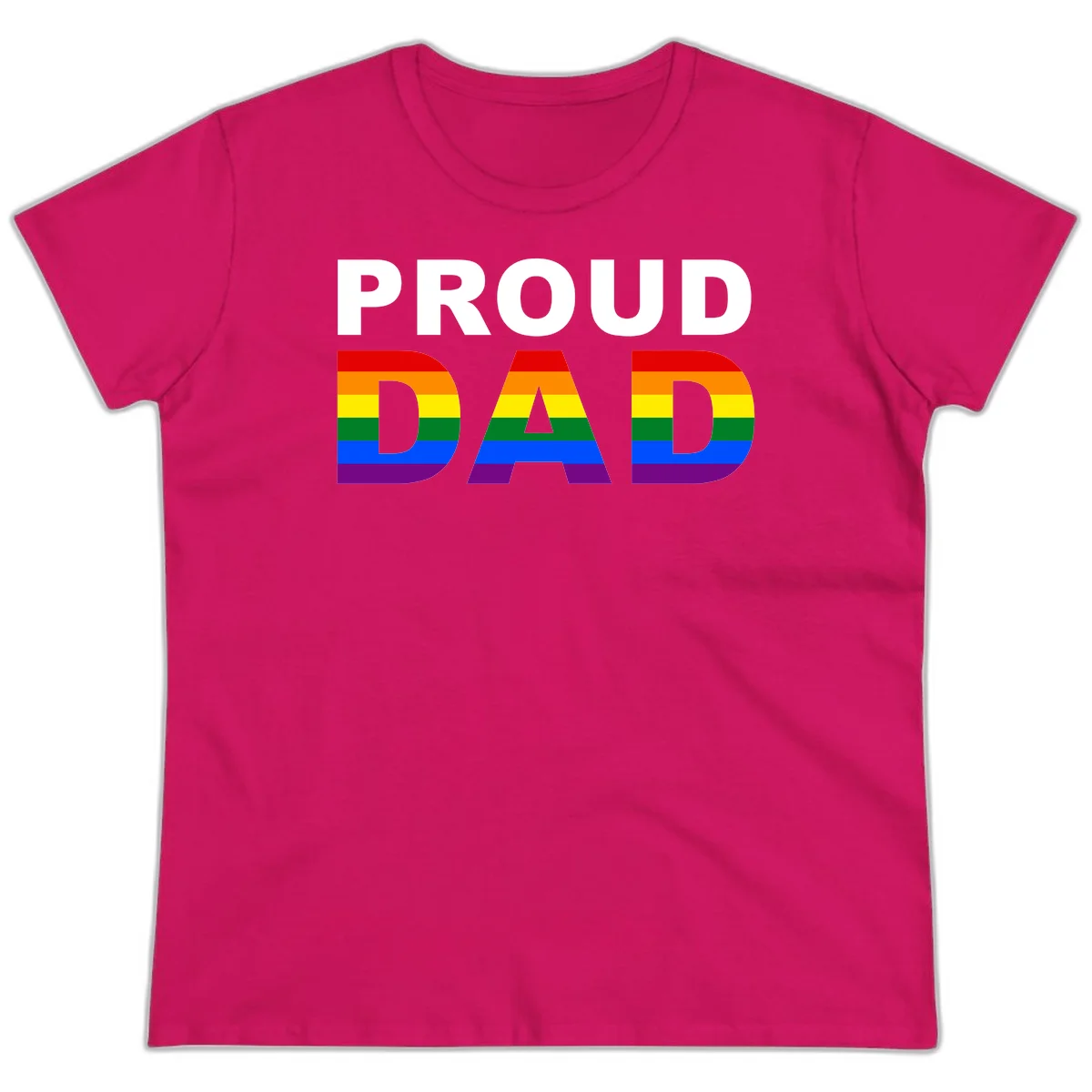 Proud Dad text with rainbow pride flag stripes in red, orange, yellow, green, blue, and purple colors in Heliconia