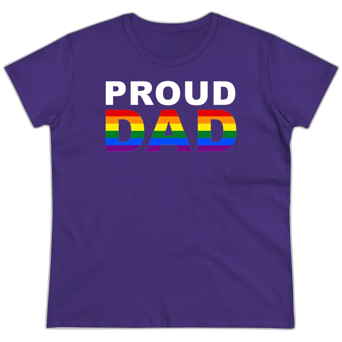 Proud Dad text with rainbow pride flag stripes in red, orange, yellow, green, blue, and purple colors in Purple