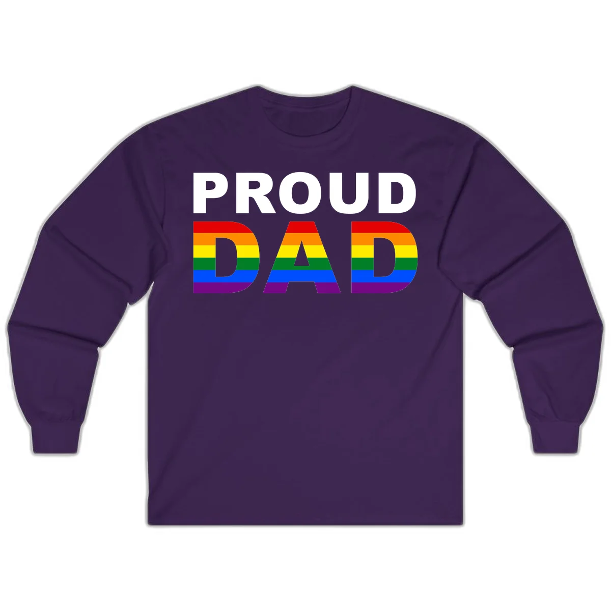 Proud Dad text with rainbow pride flag stripes in red, orange, yellow, green, blue, and purple colors in Purple