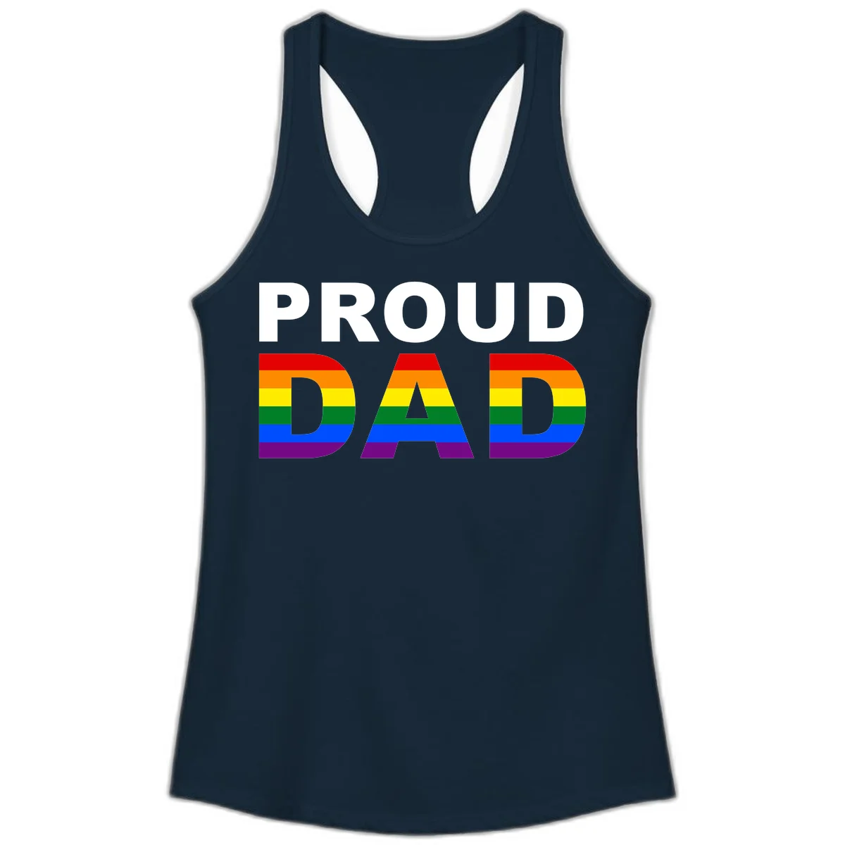 Proud Dad text with rainbow pride flag stripes in red, orange, yellow, green, blue, and purple colors in Solid Midnight Navy