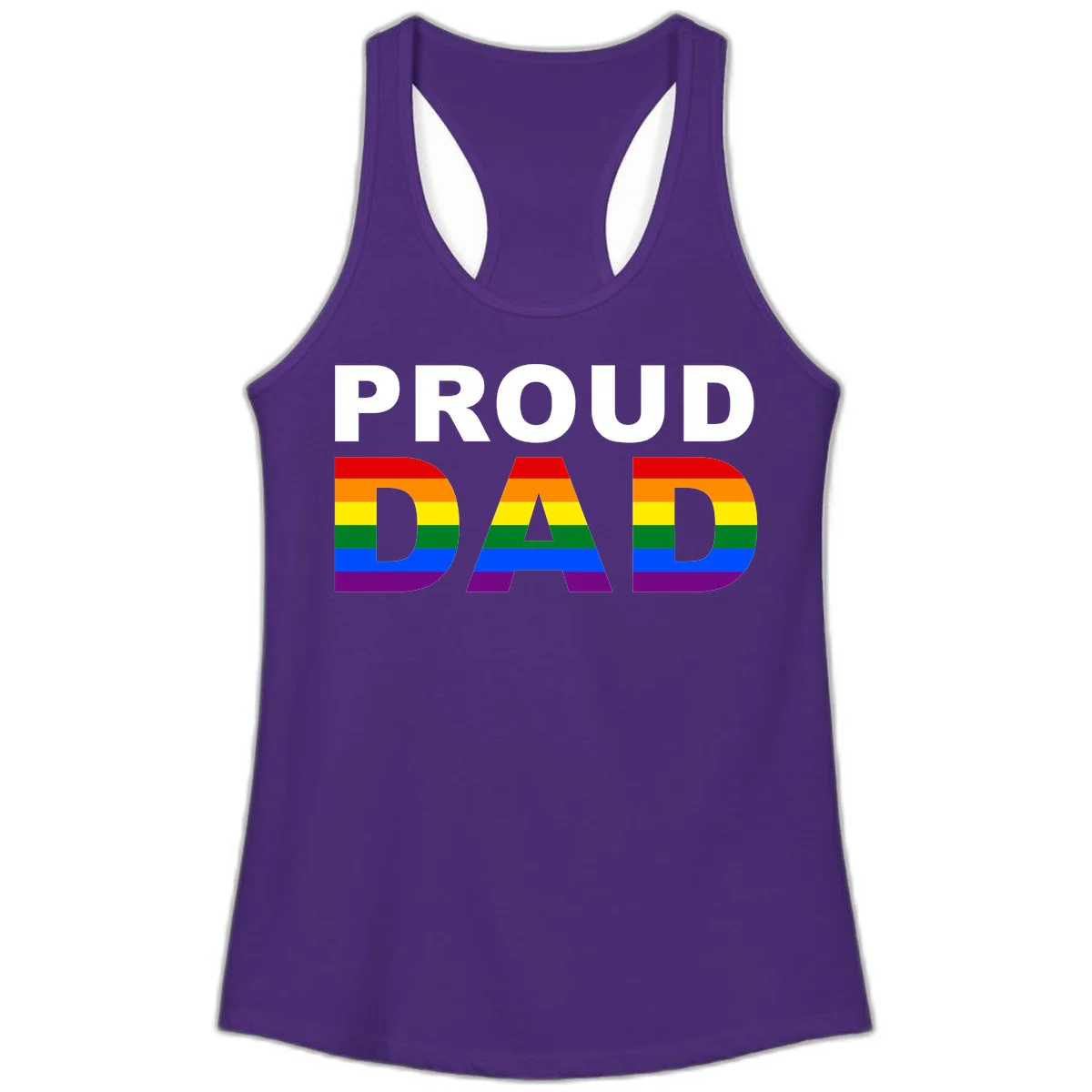 Proud Dad text with rainbow pride flag stripes in red, orange, yellow, green, blue, and purple colors in Solid Purple Rush