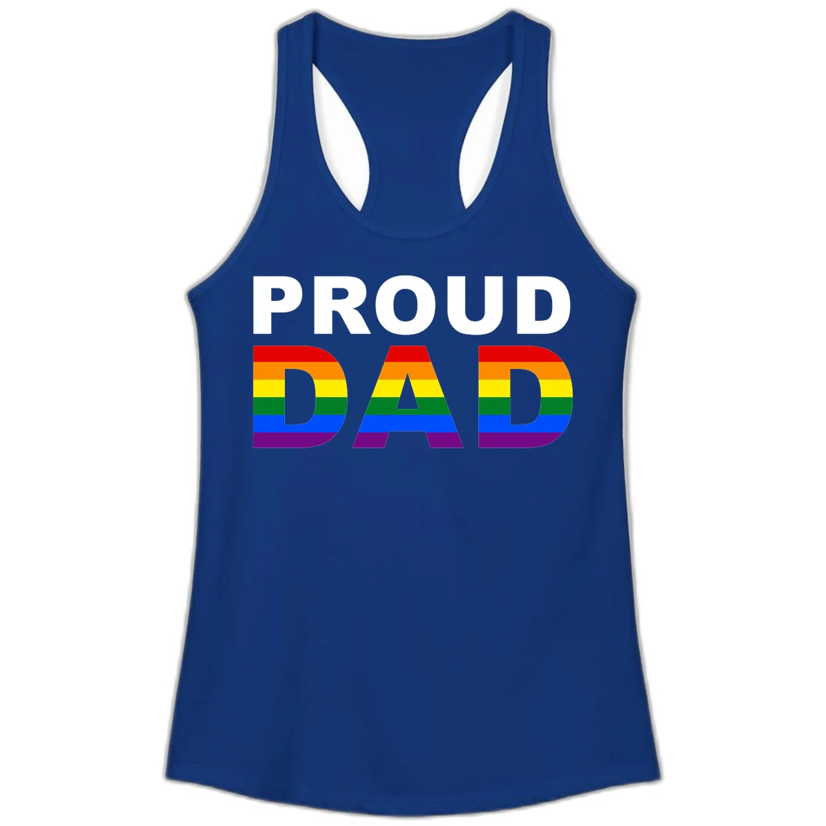 Proud Dad text with rainbow pride flag stripes in red, orange, yellow, green, blue, and purple colors in Solid Royal