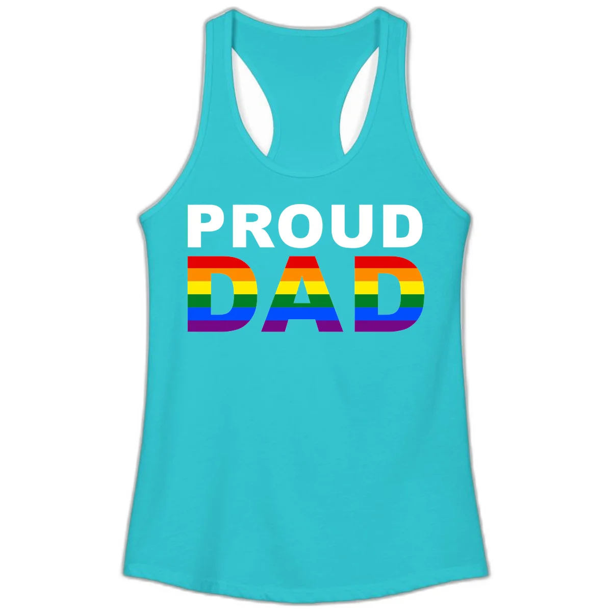 Proud Dad text with rainbow pride flag stripes in red, orange, yellow, green, blue, and purple colors in Solid Tahiti Blue