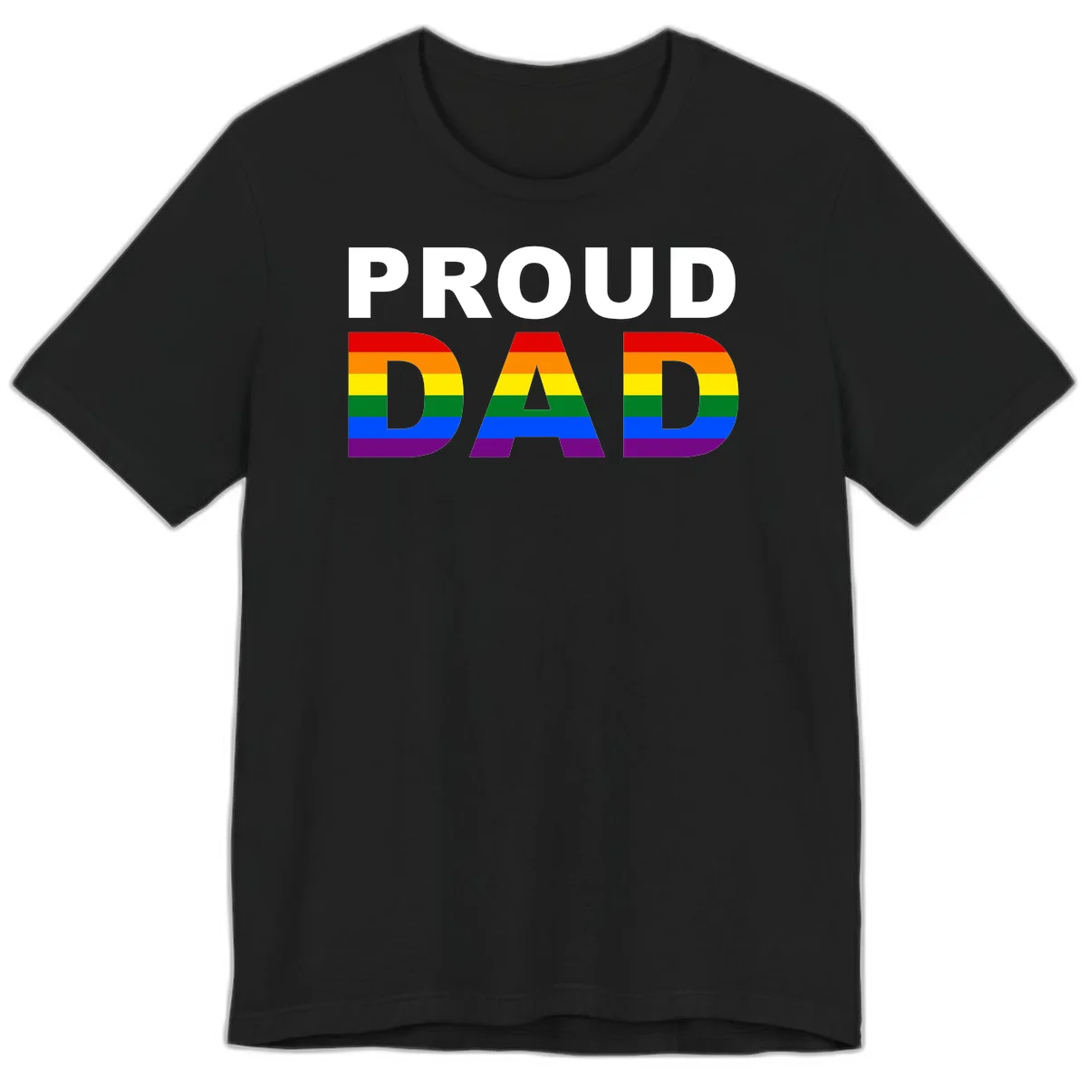 Proud Dad text with rainbow pride flag stripes in red, orange, yellow, green, blue, and purple colors in Black