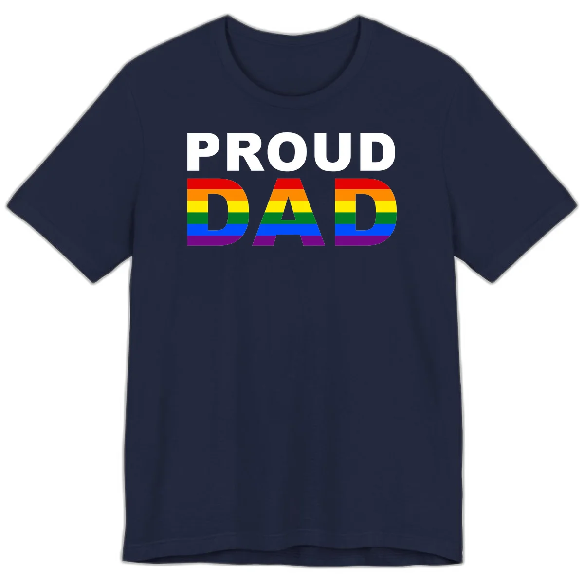 Proud Dad text with rainbow pride flag stripes in red, orange, yellow, green, blue, and purple colors in Navy