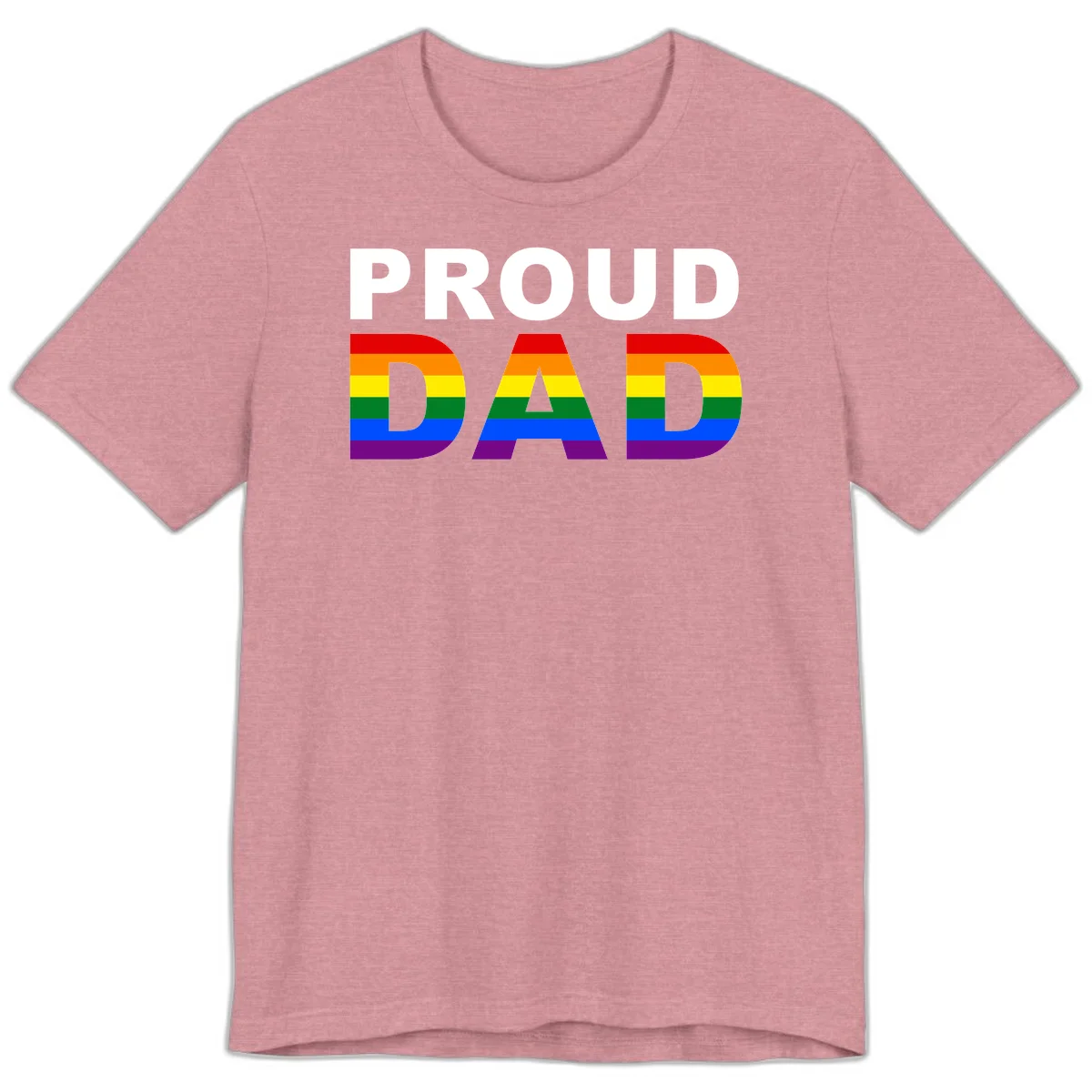 Proud Dad text with rainbow pride flag stripes in red, orange, yellow, green, blue, and purple colors in Heather Orchid