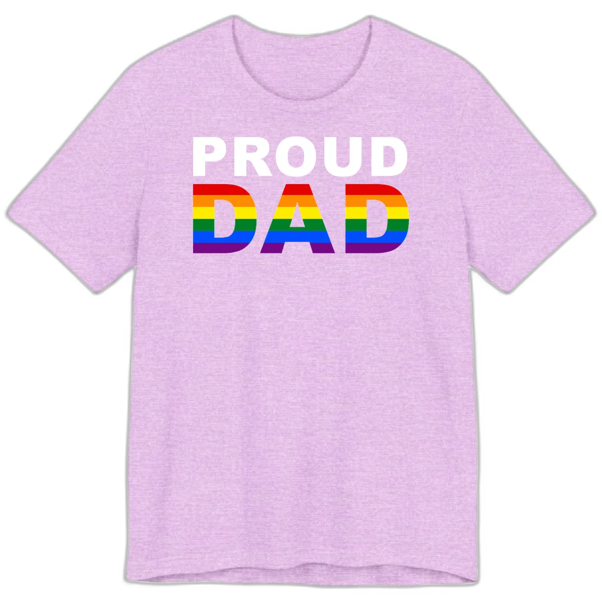 Proud Dad text with rainbow pride flag stripes in red, orange, yellow, green, blue, and purple colors in Heather Prism Lilac