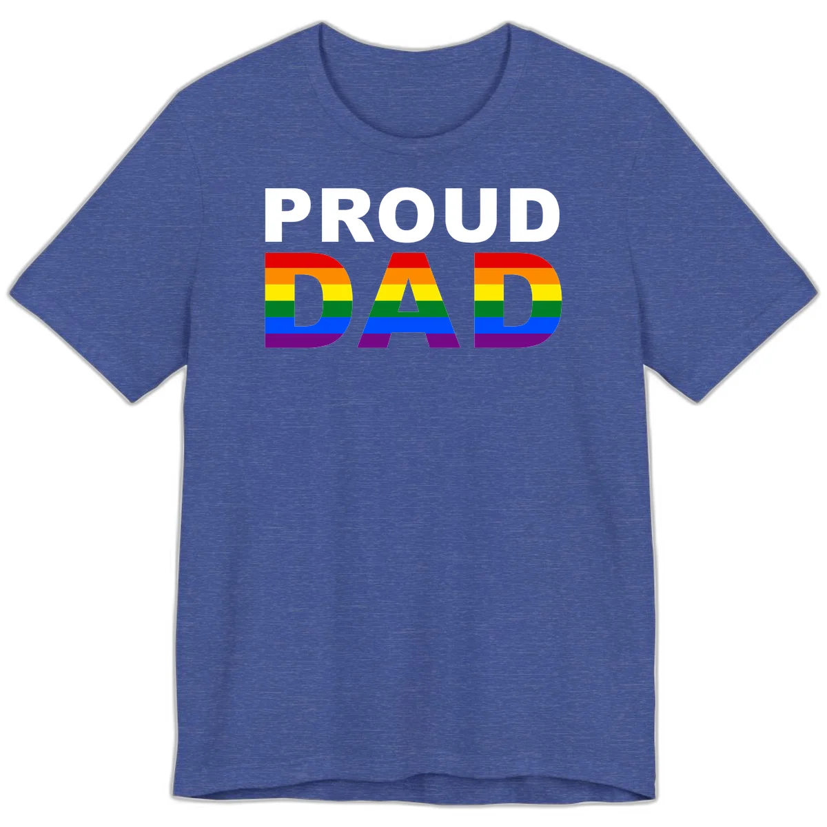 Proud Dad text with rainbow pride flag stripes in red, orange, yellow, green, blue, and purple colors in Heather True Royal