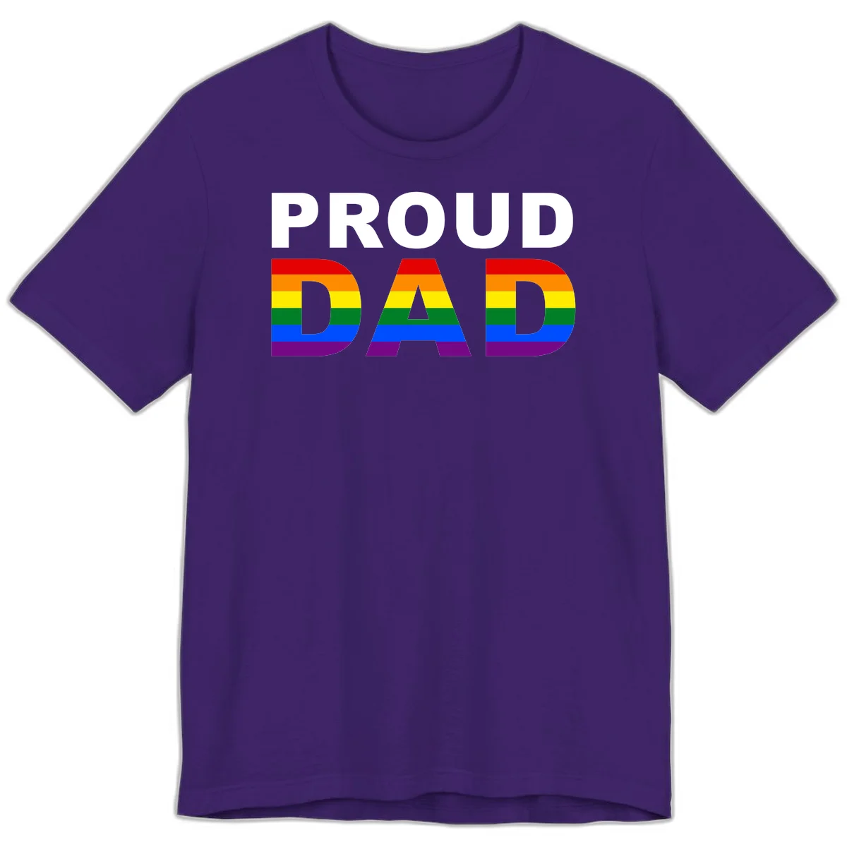 Proud Dad text with rainbow pride flag stripes in red, orange, yellow, green, blue, and purple colors in Team Purple