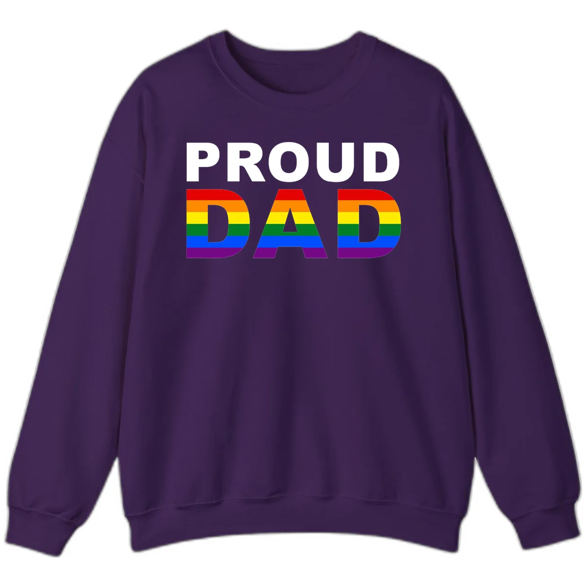 Proud Dad text with rainbow pride flag stripes in red, orange, yellow, green, blue, and purple colors in Purple