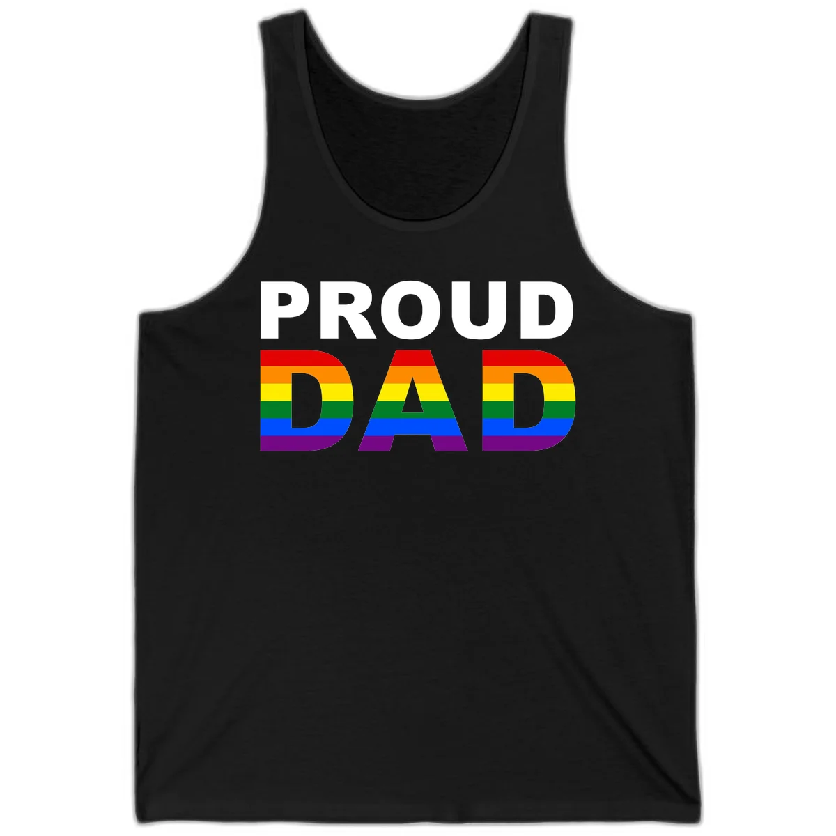 Proud Dad text with rainbow pride flag stripes in red, orange, yellow, green, blue, and purple colors in Black