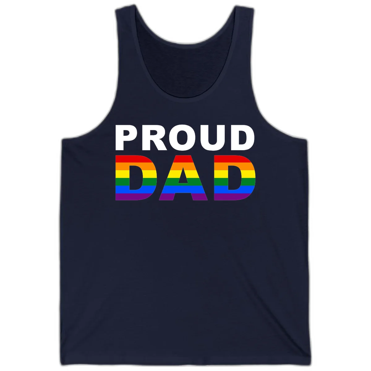 Proud Dad text with rainbow pride flag stripes in red, orange, yellow, green, blue, and purple colors in Navy