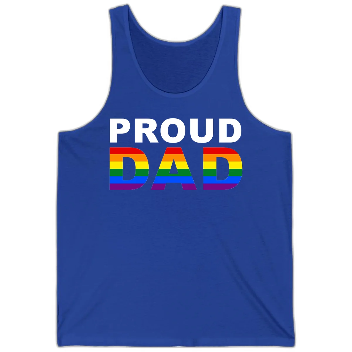Proud Dad text with rainbow pride flag stripes in red, orange, yellow, green, blue, and purple colors in True Royal