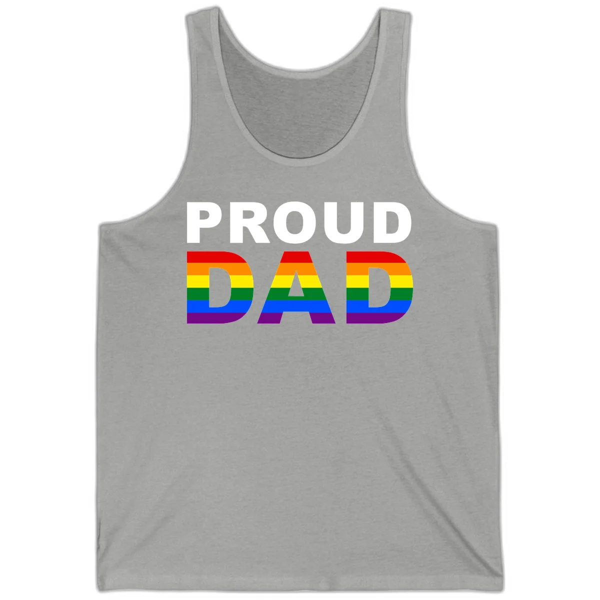 Proud Dad text with rainbow pride flag stripes in red, orange, yellow, green, blue, and purple colors in Athletic Heather