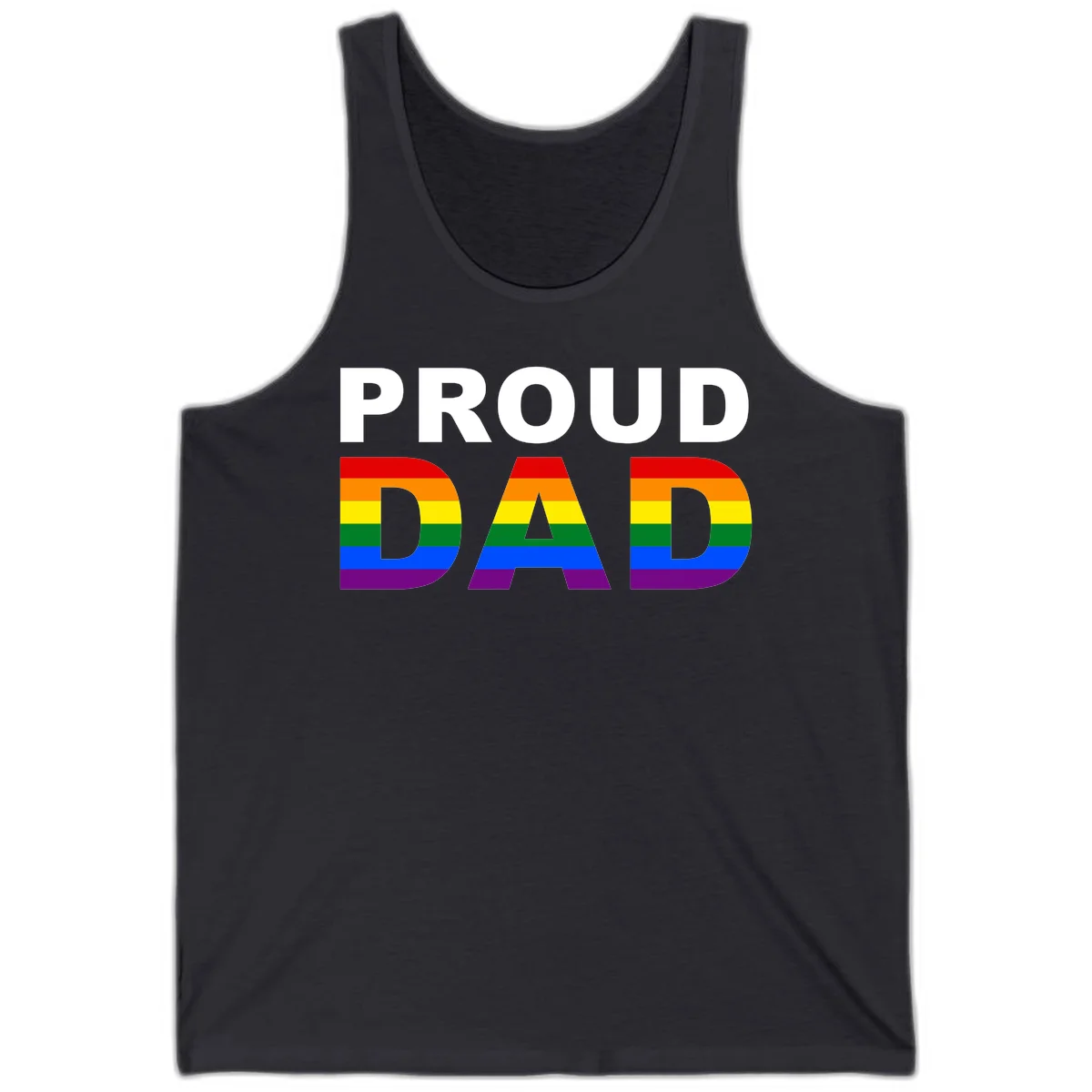 Proud Dad text with rainbow pride flag stripes in red, orange, yellow, green, blue, and purple colors in Dark Grey