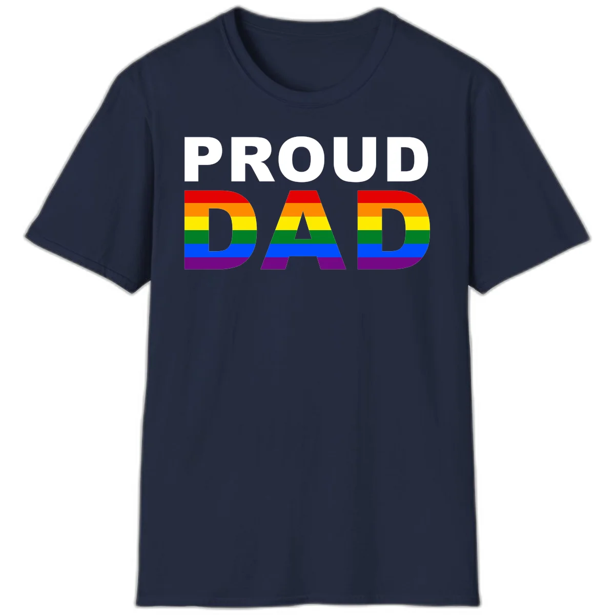 Proud Dad text with rainbow pride flag stripes in red, orange, yellow, green, blue, and purple colors in Navy