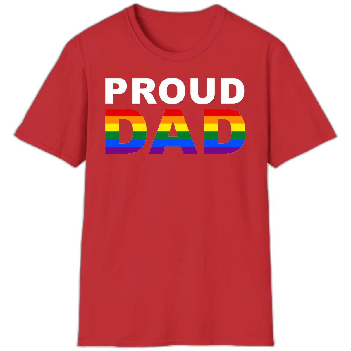 Proud Dad text with rainbow pride flag stripes in red, orange, yellow, green, blue, and purple colors in Red