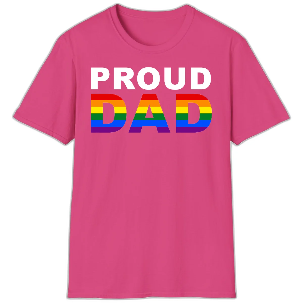 Proud Dad text with rainbow pride flag stripes in red, orange, yellow, green, blue, and purple colors in Heliconia
