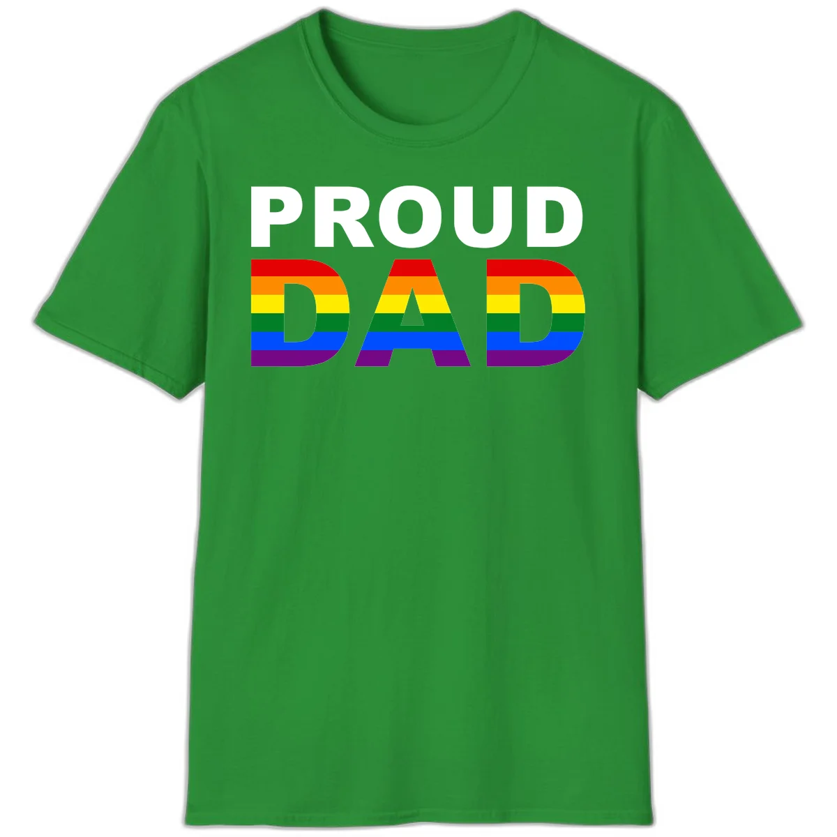Proud Dad text with rainbow pride flag stripes in red, orange, yellow, green, blue, and purple colors in Irish Green