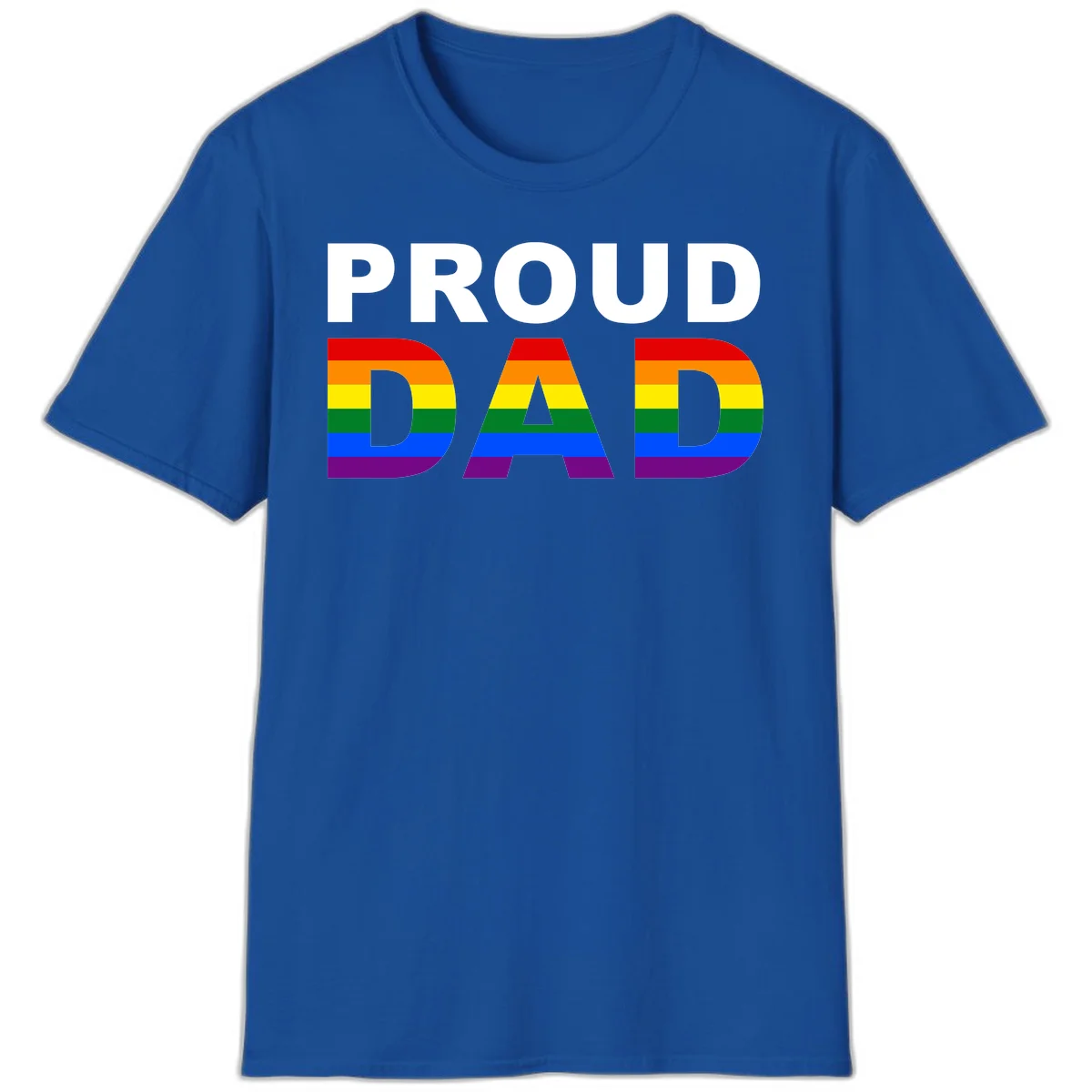 Proud Dad text with rainbow pride flag stripes in red, orange, yellow, green, blue, and purple colors in Royal