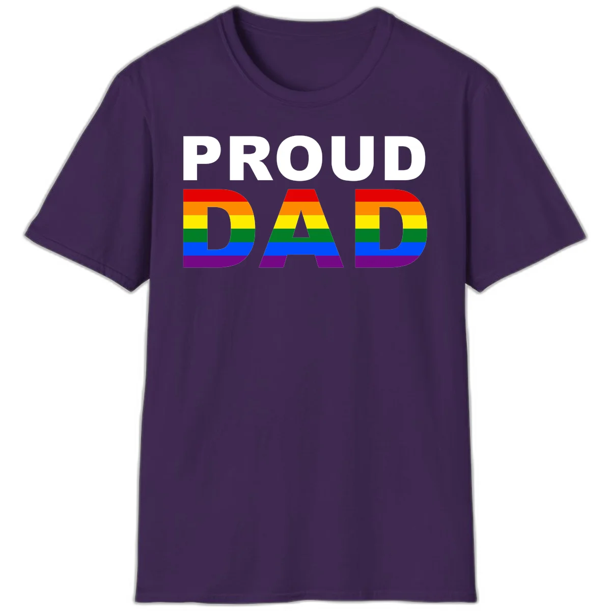 Proud Dad text with rainbow pride flag stripes in red, orange, yellow, green, blue, and purple colors in Purple
