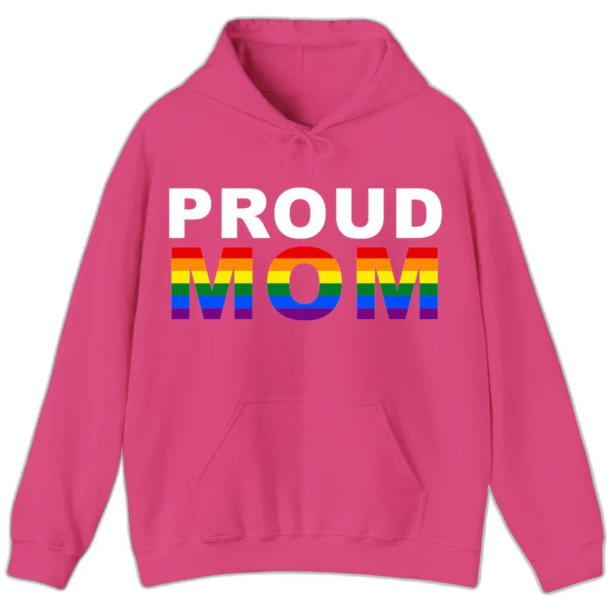 Proud Mom Pride design with rainbow flag-colored letters spelling PROUD MOM against gray background in Heliconia