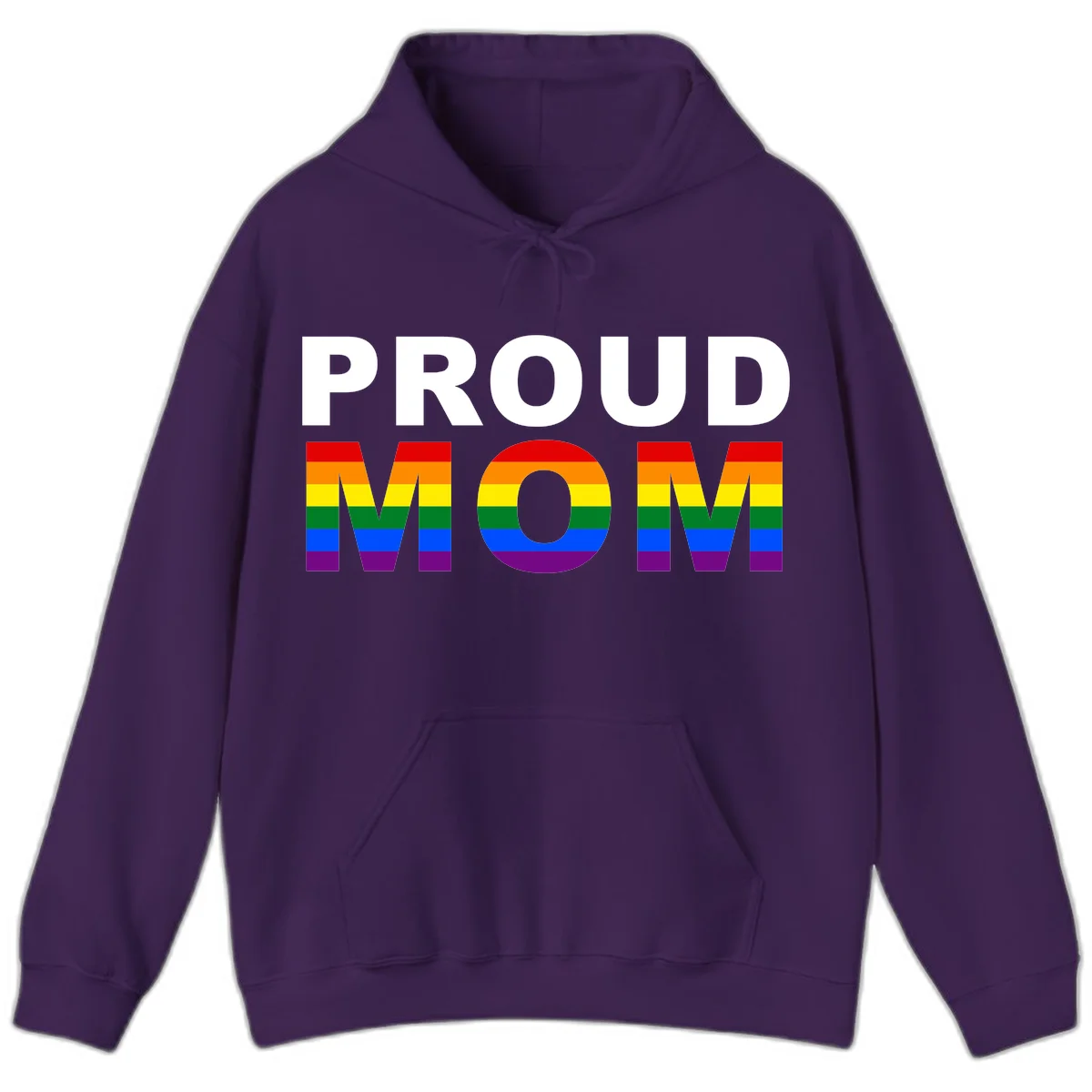 Proud Mom Pride design with rainbow flag-colored letters spelling PROUD MOM against gray background in Purple