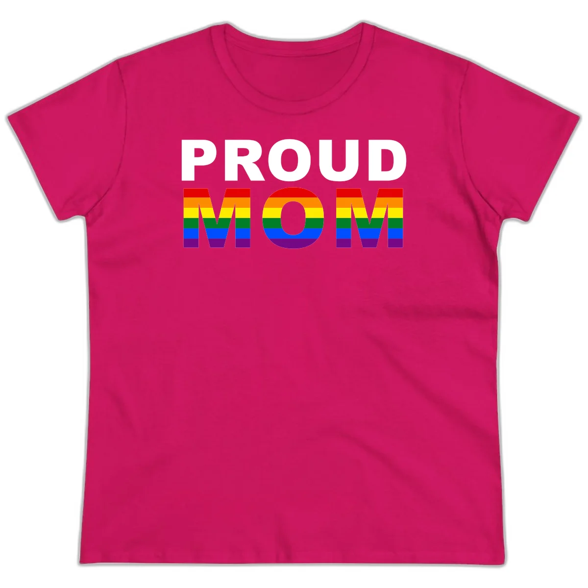 Proud Mom Pride design with rainbow flag-colored letters spelling PROUD MOM against gray background in Heliconia