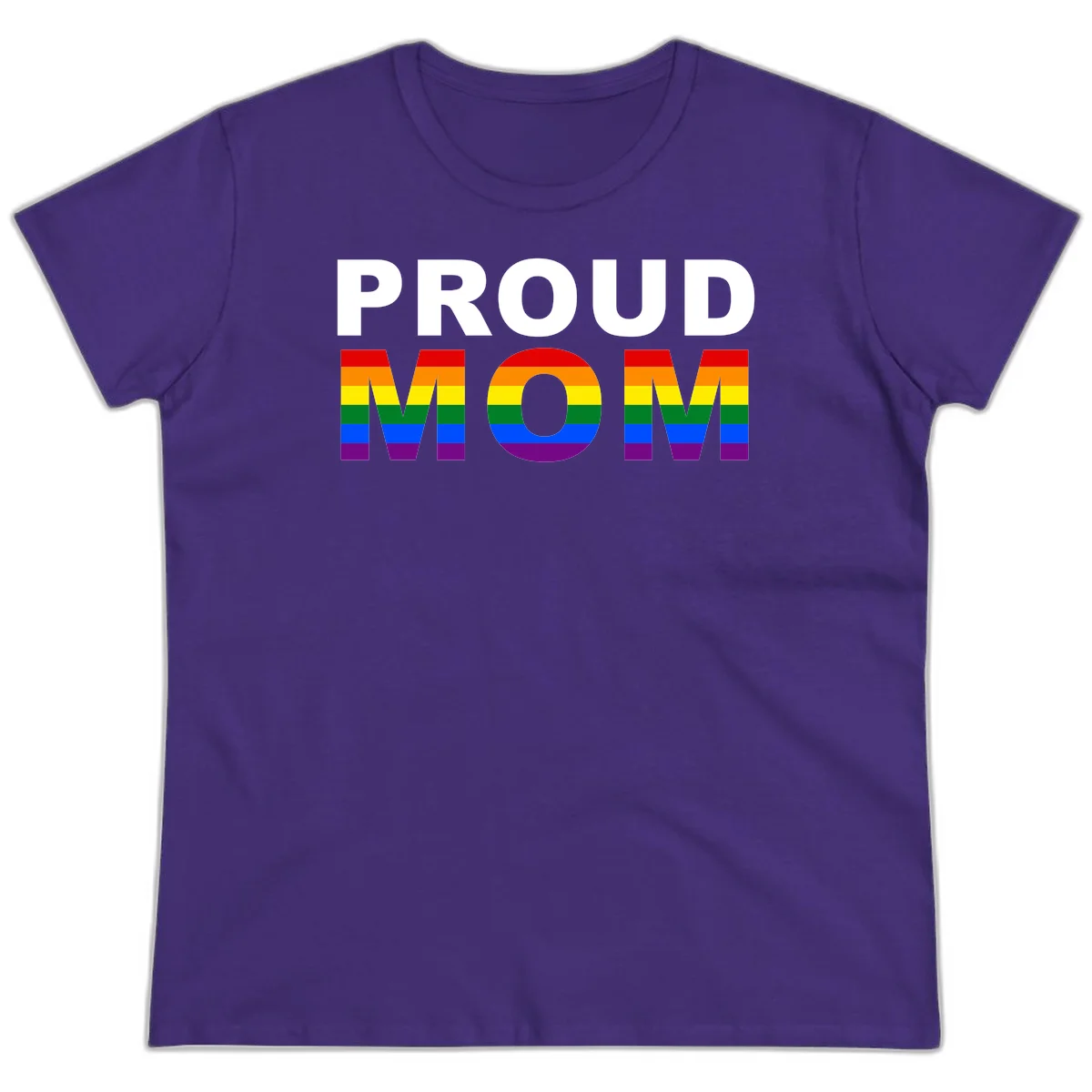 Proud Mom Pride design with rainbow flag-colored letters spelling PROUD MOM against gray background in Purple