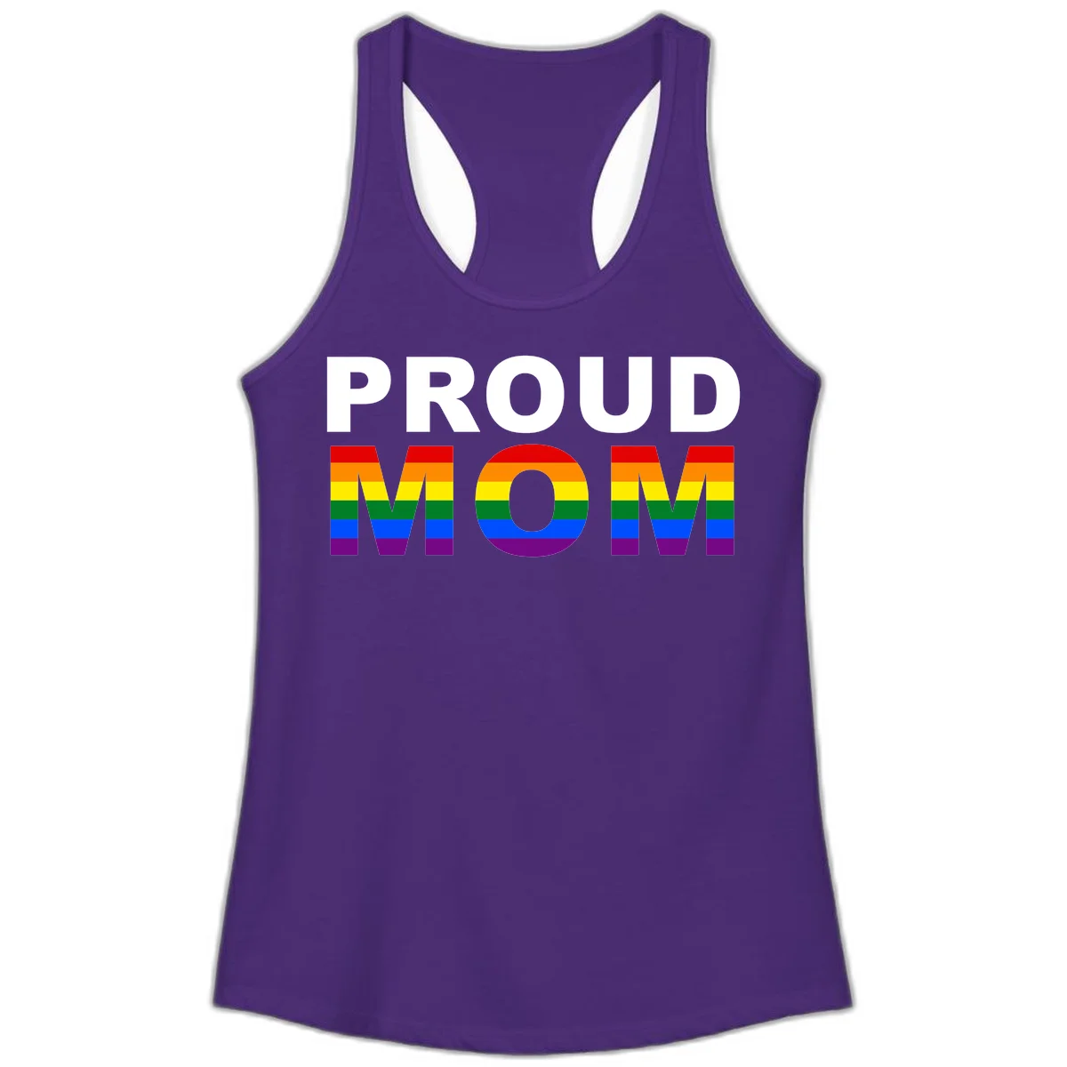 Proud Mom Pride design with rainbow flag-colored letters spelling PROUD MOM against gray background in Solid Purple Rush