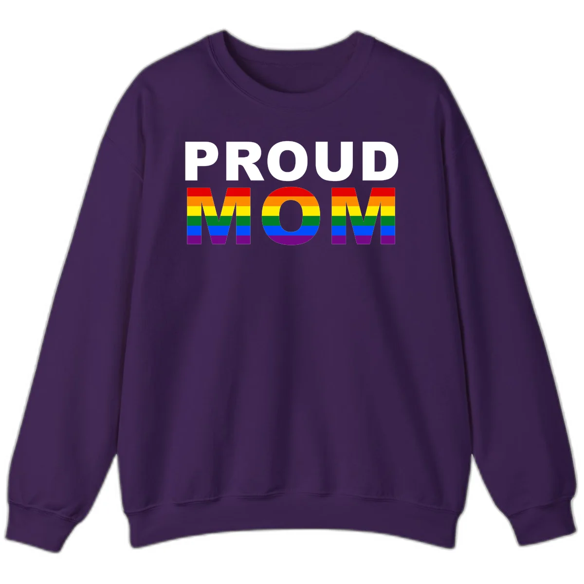 Proud Mom Pride design with rainbow flag-colored letters spelling PROUD MOM against gray background in Purple
