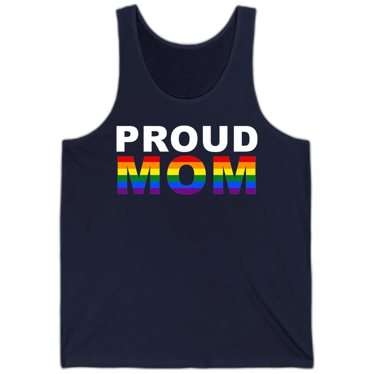 Proud Mom Pride design with rainbow flag-colored letters spelling PROUD MOM against gray background in Navy