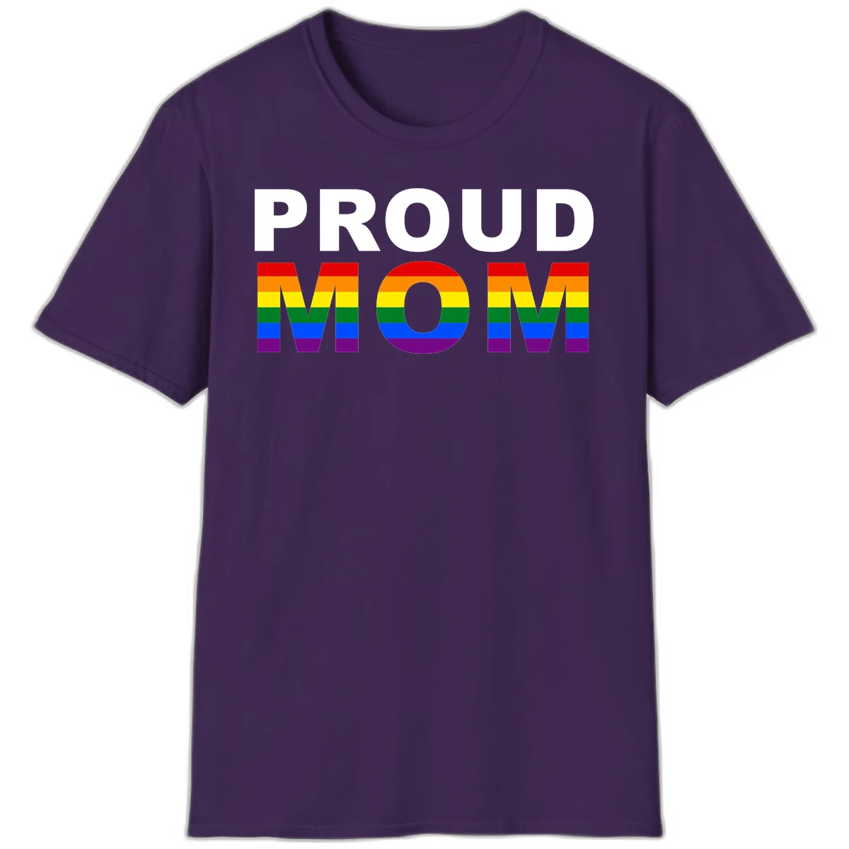 Proud Mom Pride design with rainbow flag-colored letters spelling PROUD MOM against gray background in Purple