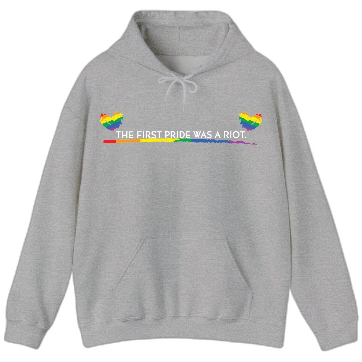 Gray background with white text reading 'THE FIRST PRIDE WAS A RIOT' surrounded by rainbow pride hearts and gradient stripe in Sport Grey