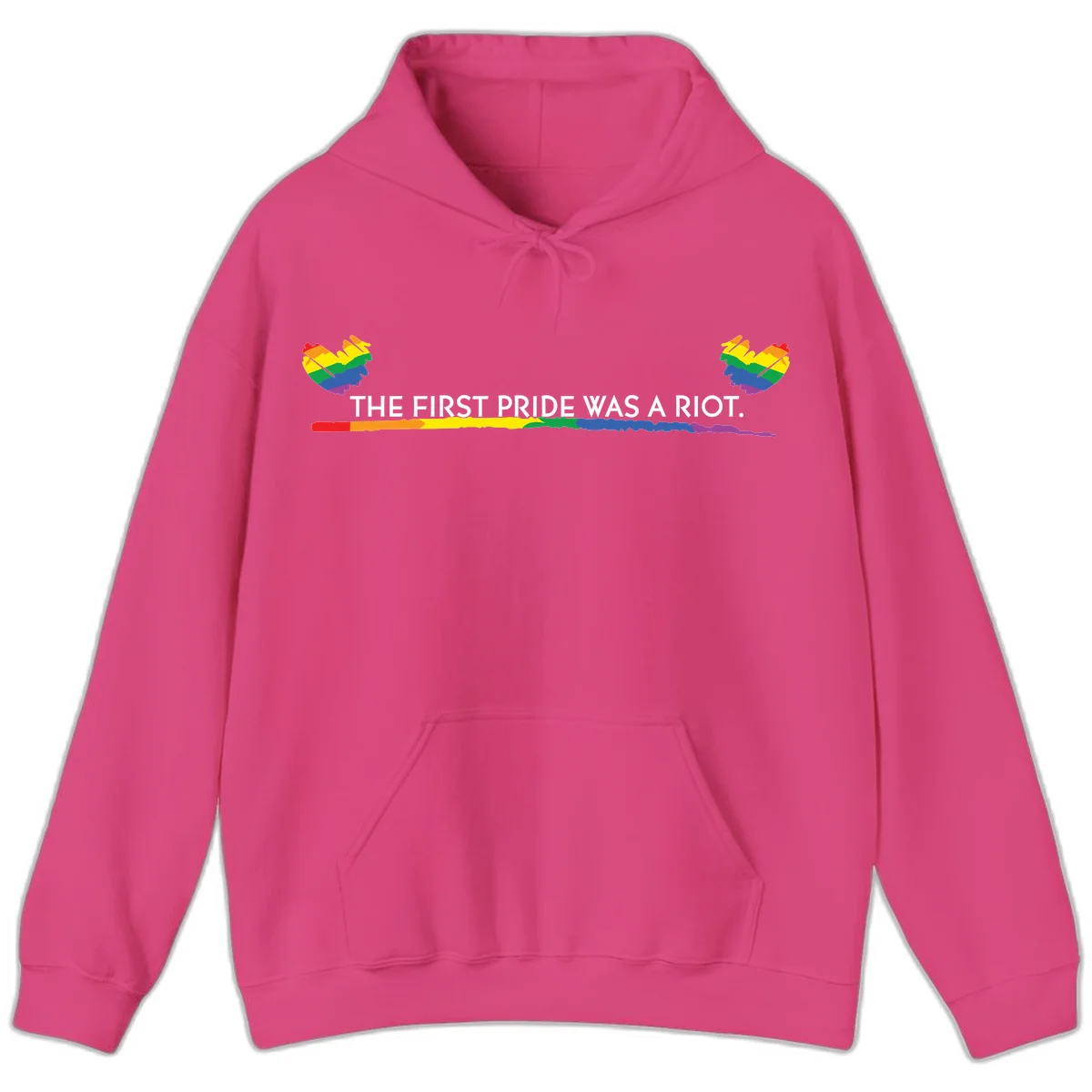 Gray background with white text reading 'THE FIRST PRIDE WAS A RIOT' surrounded by rainbow pride hearts and gradient stripe in Heliconia